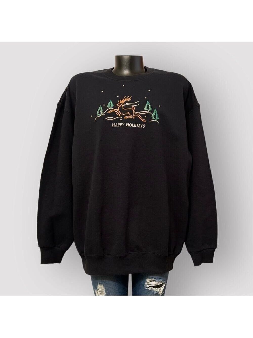 VTG Christmas Sweater Reindeer Trees Womens XL Comfy Warm Holiday Winter Black